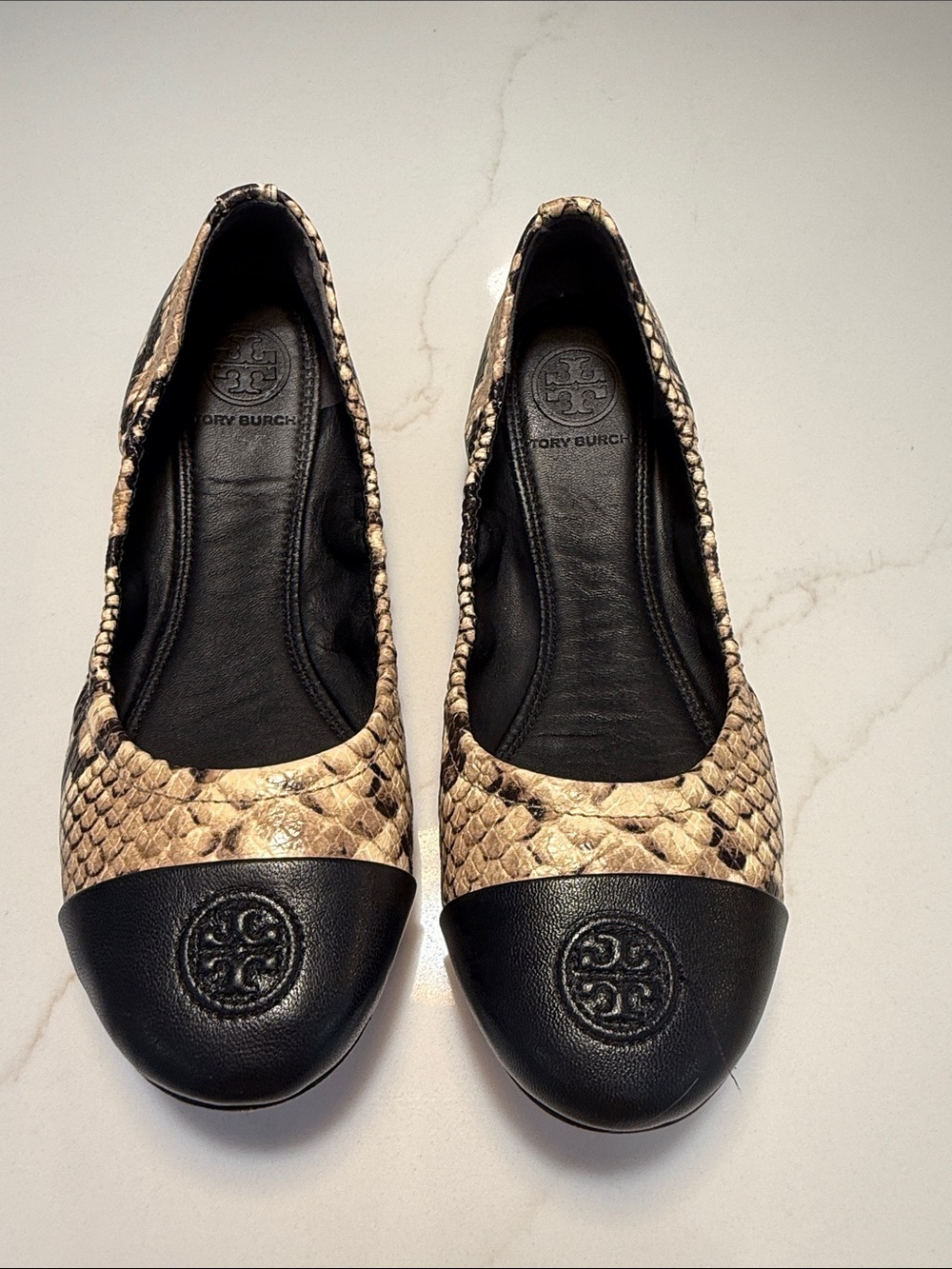 Tory Burch Snake-Print Ballet Flats with Black Cap Toe
